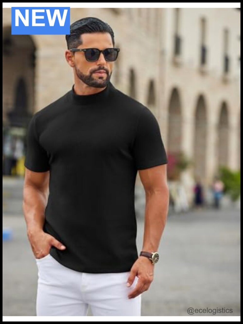 Mock Neck Short Sleeve Ribbed Knit T-Shirt Casual Basic Tee